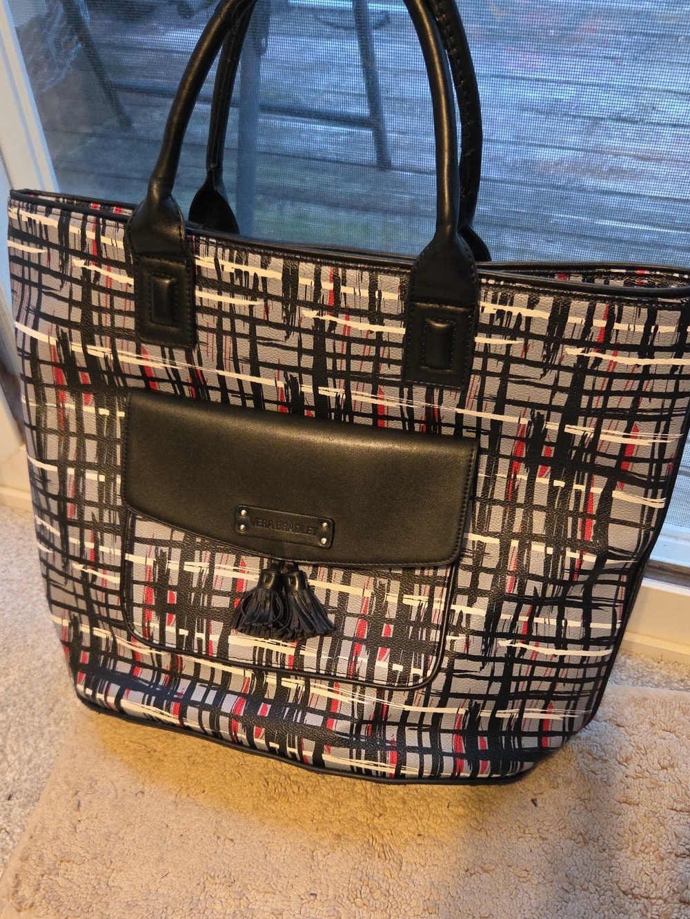 Vera Bradley Black, Gray & Red Patterned Tassel Tote